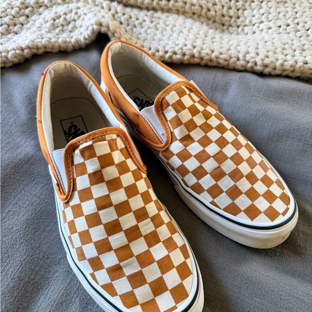 Vans Orange and White Checkerboard Slip-Ons